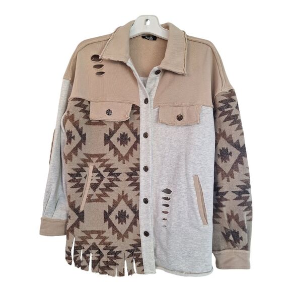 Miss Me Women's Taupe Aztec Button Front Mixed Shacket Small Never Worn - Picture 13 of 16